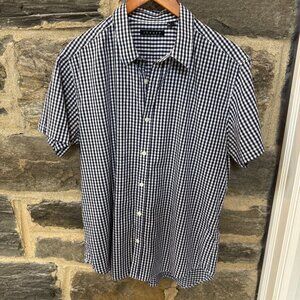$185 Mens Theory Navy Blue and white check button down Large SUMMER!!!!!